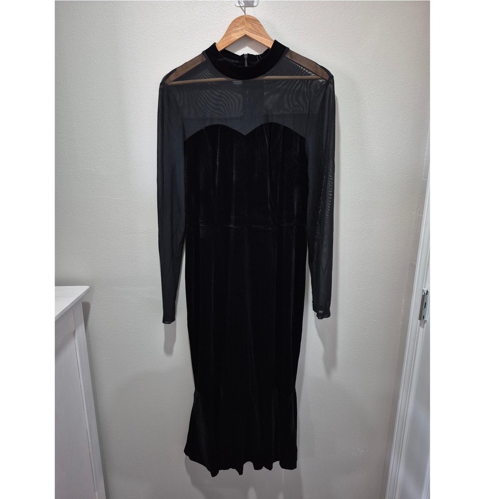 Allegra K Womens Black Velvet Mesh Mock Neck Mermaid Midi Dress XL NWT